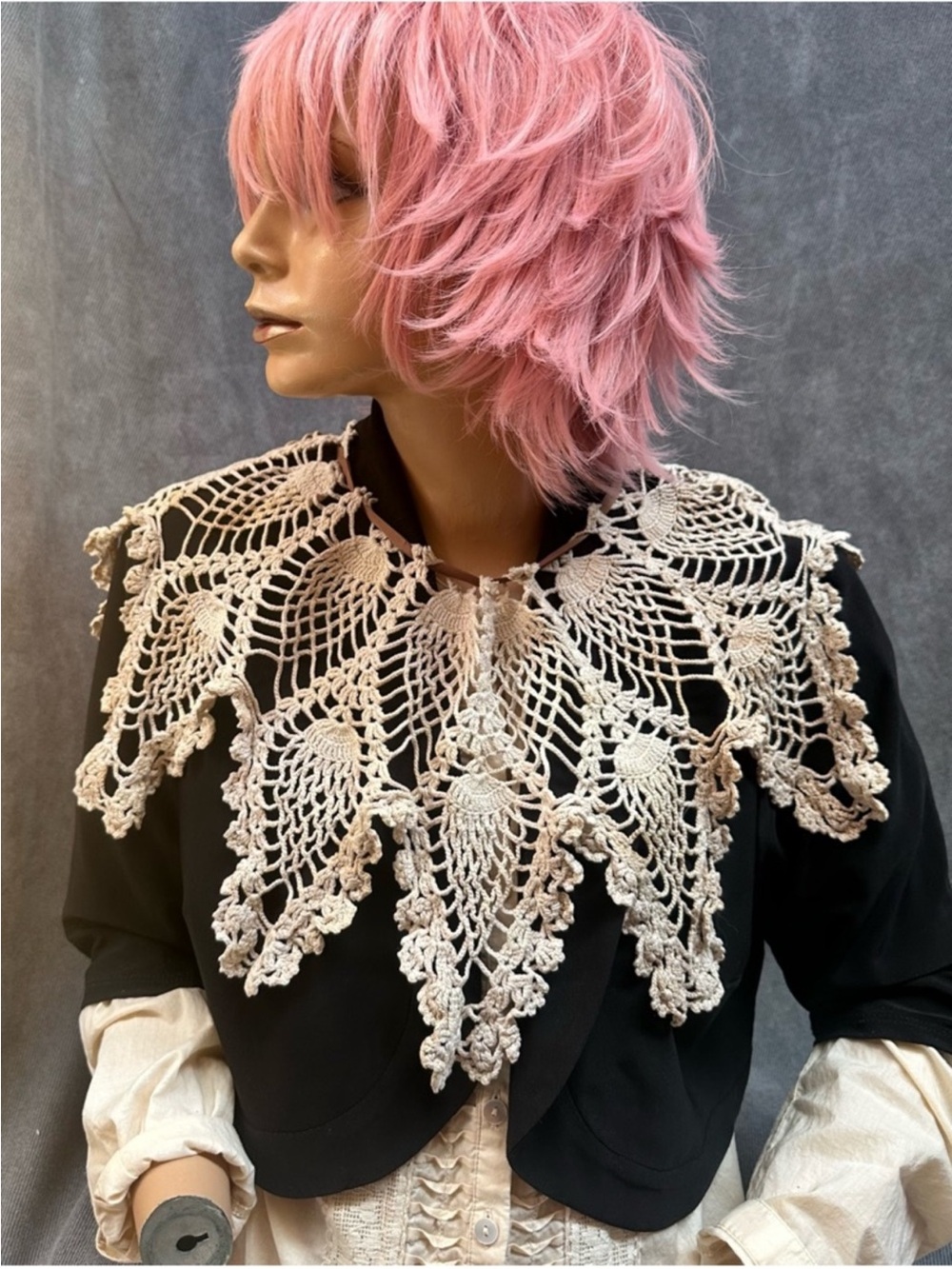 Tattered Vintage Victorian crochet lace jester collar